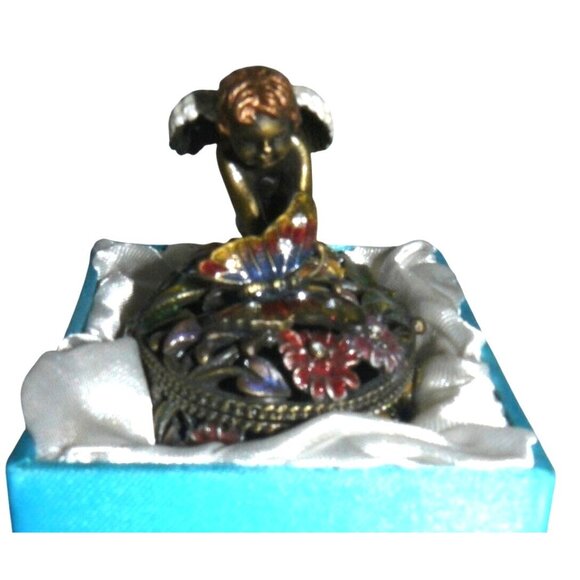 Angel Trinket Box Hand-Painted Floral Desgn Hinged Lid Blue Satin-Lined Gift Box - Picture 1 of 11